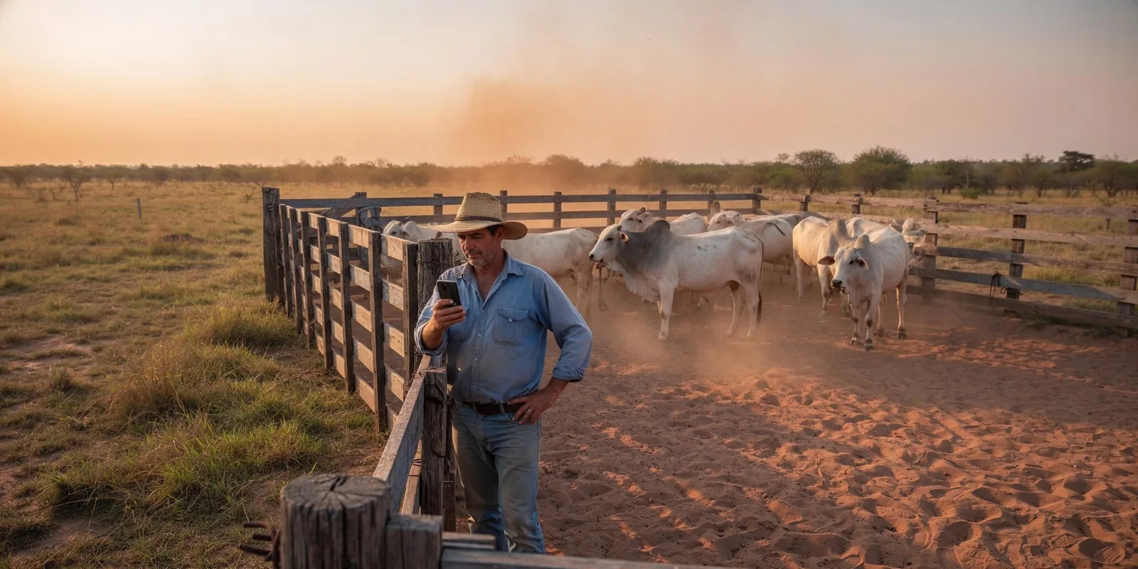 Un ganadero con sombrero mira su teléfono junto al corral; detrás, ganado Nelore en el polvo del atardecer.