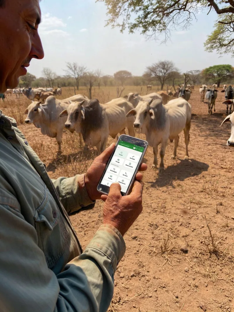 Manos curtidas sostienen un teléfono con la app abierta en botones grandes; al fondo, un rodeo cebú en el campo.