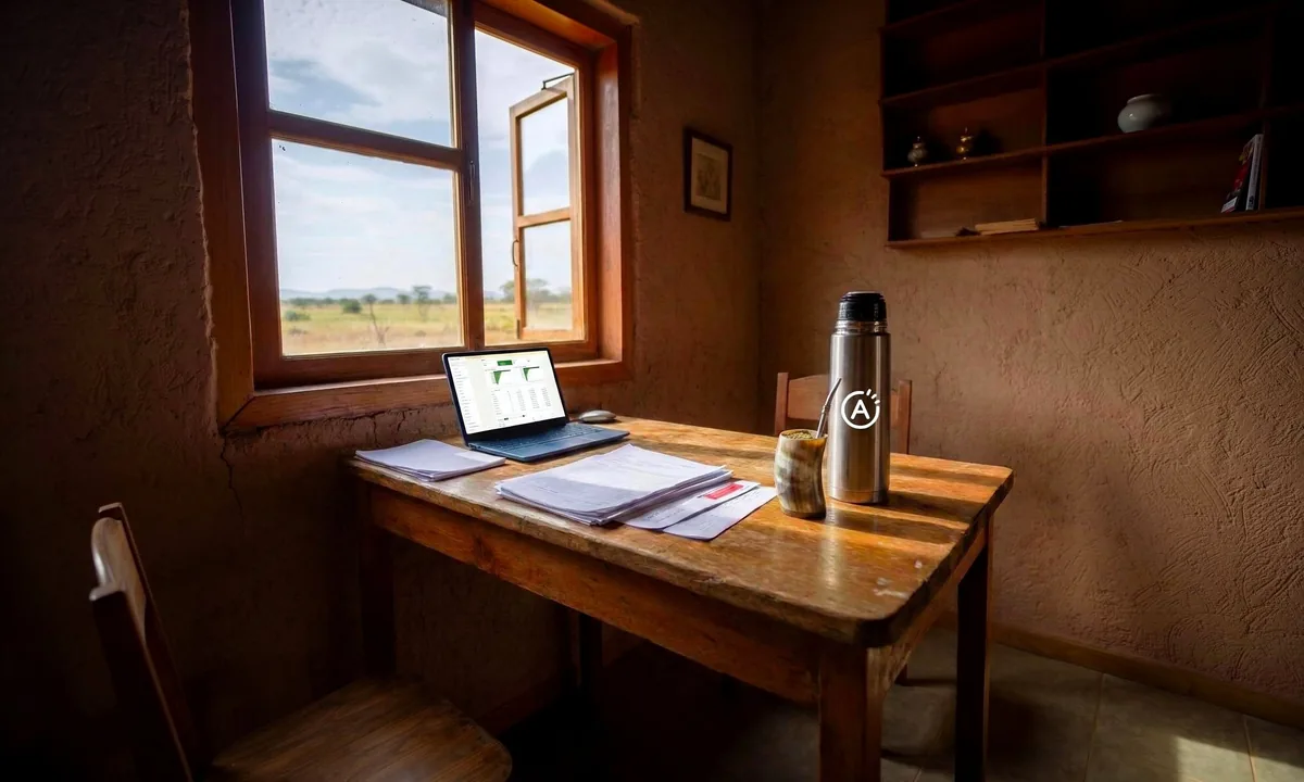 Escritorio de madera en una oficina de estancia: notebook abierta con planillas, papeles y un termo con guampa junto a la ventana.