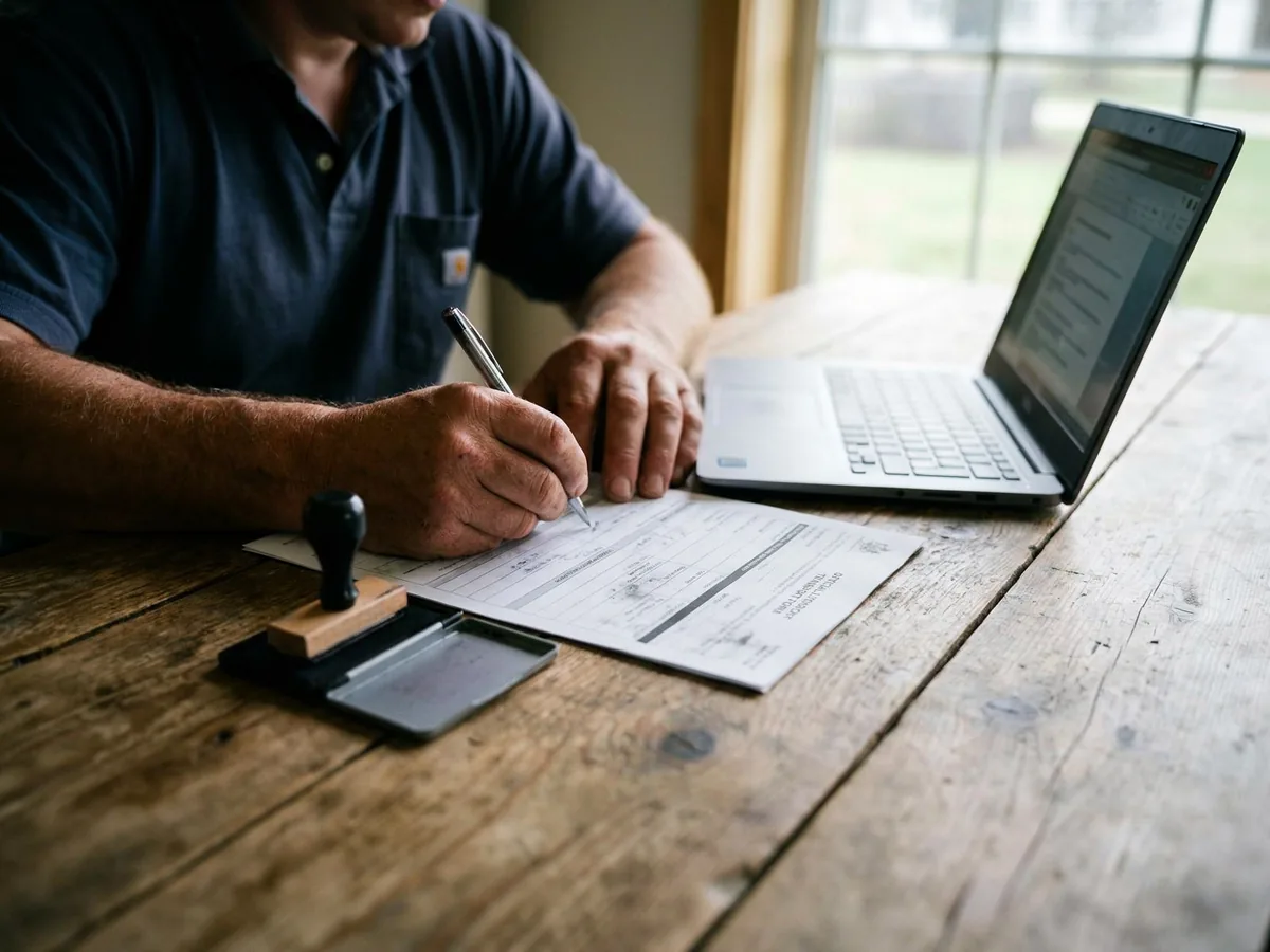 Alguien completa a mano un formulario de traslado sobre una mesa de madera, con el sello de goma y una notebook al lado.